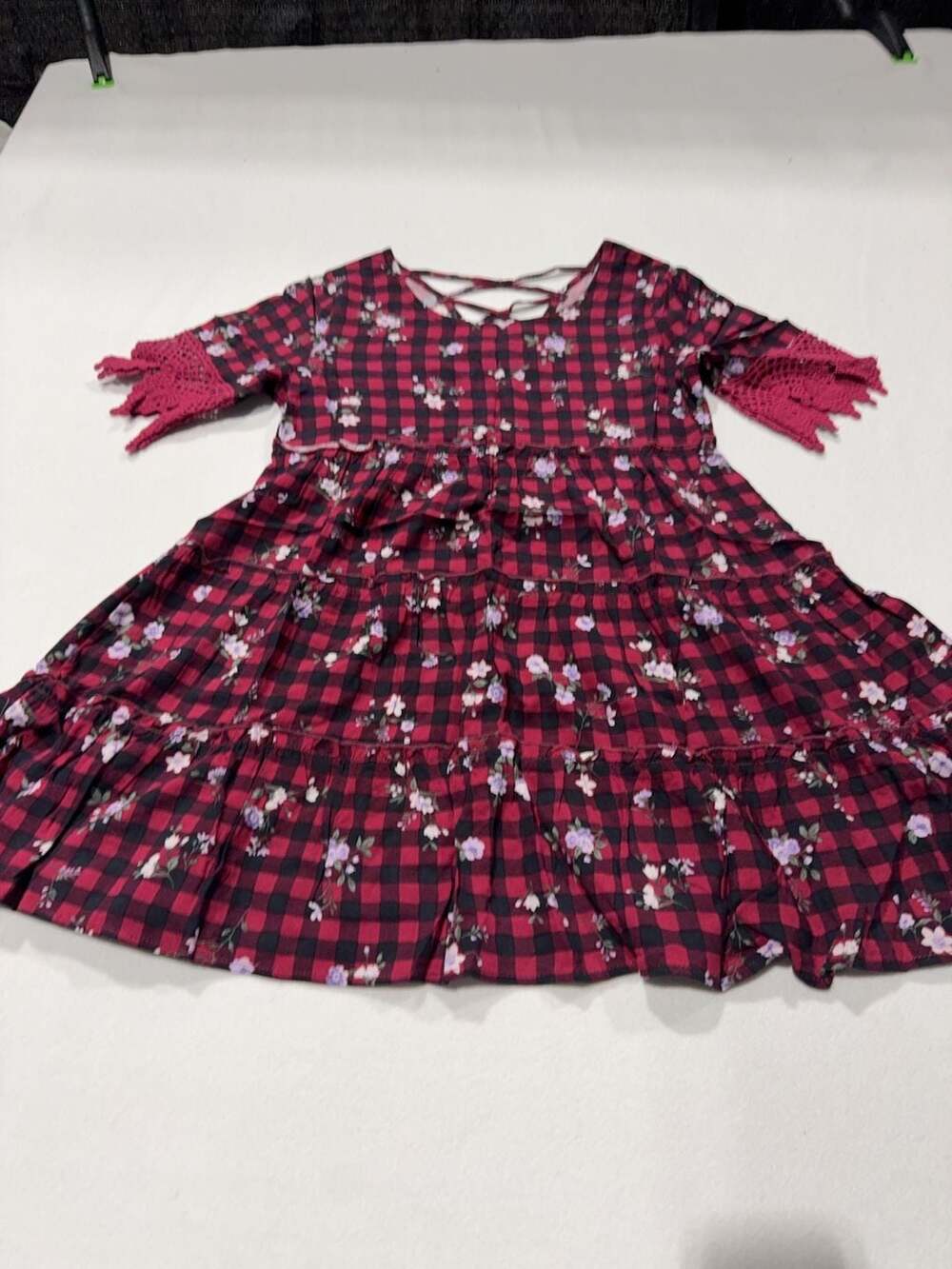 Ten Sixty Sherman Girls Red Plaid Floral Tiered Dress Size L